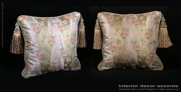 Stunning Lee Jofa elegant sage colored pure silk brocade decorative throw pillows with old world weavers backing velvet for traditional, transitional and decadent interior design and timeless home decor accents