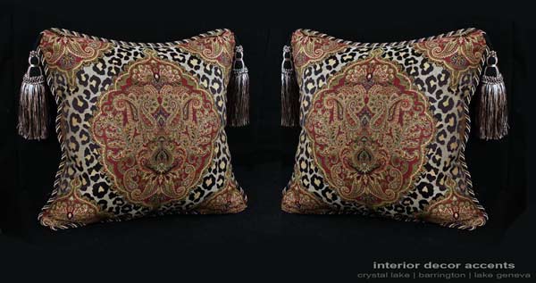 Leopardo Damask decorative designer pillows in Leopard pattern fabric with velvet backing and accent tassels