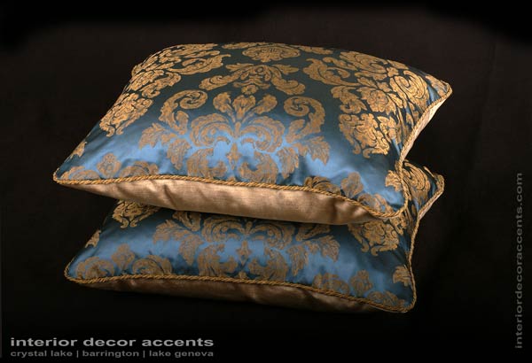 Scalamande silk jacquard damask pattern fortuny style decorative throw pillows for traditional and luxurious interior design and home decor accents