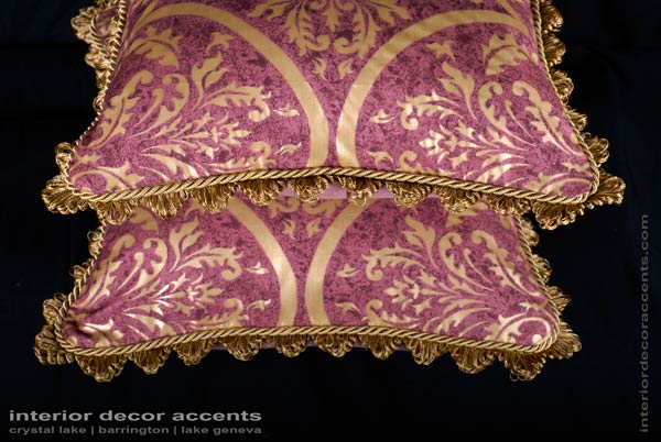 Scalamande Venezia gold printed fortuny style decorative throw pillows for traditional and luxurious interior design and home decor accents