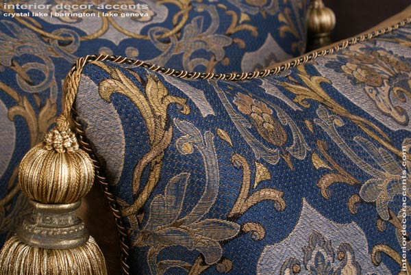 Stunning Schumacher brocade Castle Garden in blue decorative throw pillows with lee jofa backing velvet for traditional, transitional and luxury interior design and timeless home decor accents