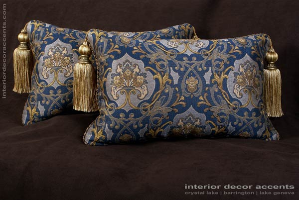 Schumacher elegant brocade castle garden in blue decorative throw pillows with lee jofa backing velvet for traditional, transitional and luxury interior design and timeless home decor accents