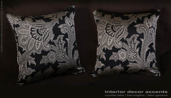 Schumacher elegant silk jacquard barrington in black for decorative throw pillows with lee jofa backing velvet for traditional, transitional and luxury interior design and timeless home decor accents