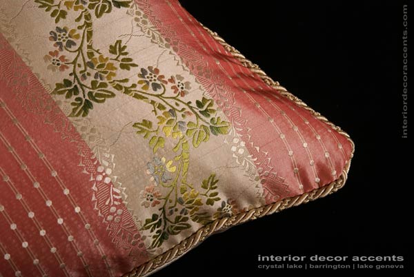 Silk rose brocade decorative accent pillows in pink lisere scalamandre and lee jofa for traditional and transitional home decor accents and interior design