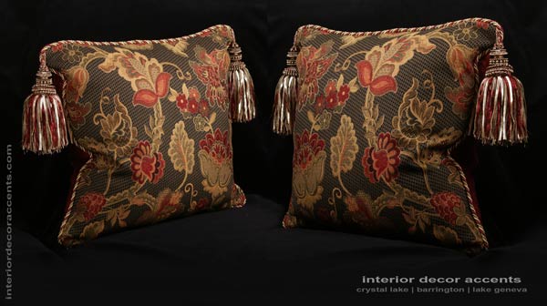 Stroheim floral brocade decorative designer pillows with decadant tassels for elegant and luxurious interior home decor accents