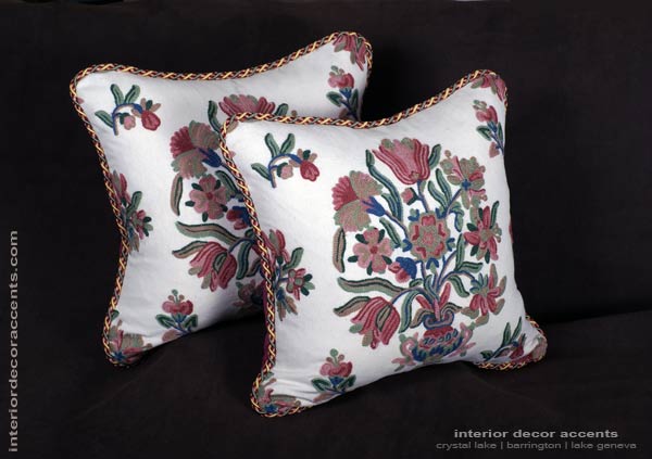 Lee Jofa Crewel decorative designer pillows with velvet backing for elegant home decor accents